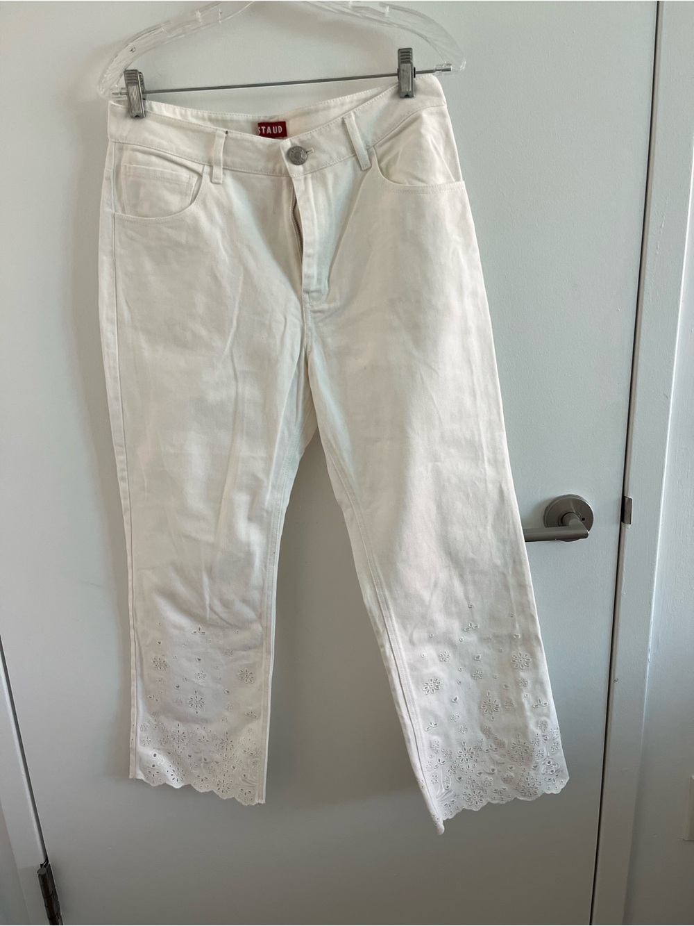 Staud White Eyelet Denim Cropped Jean Pants Size 8